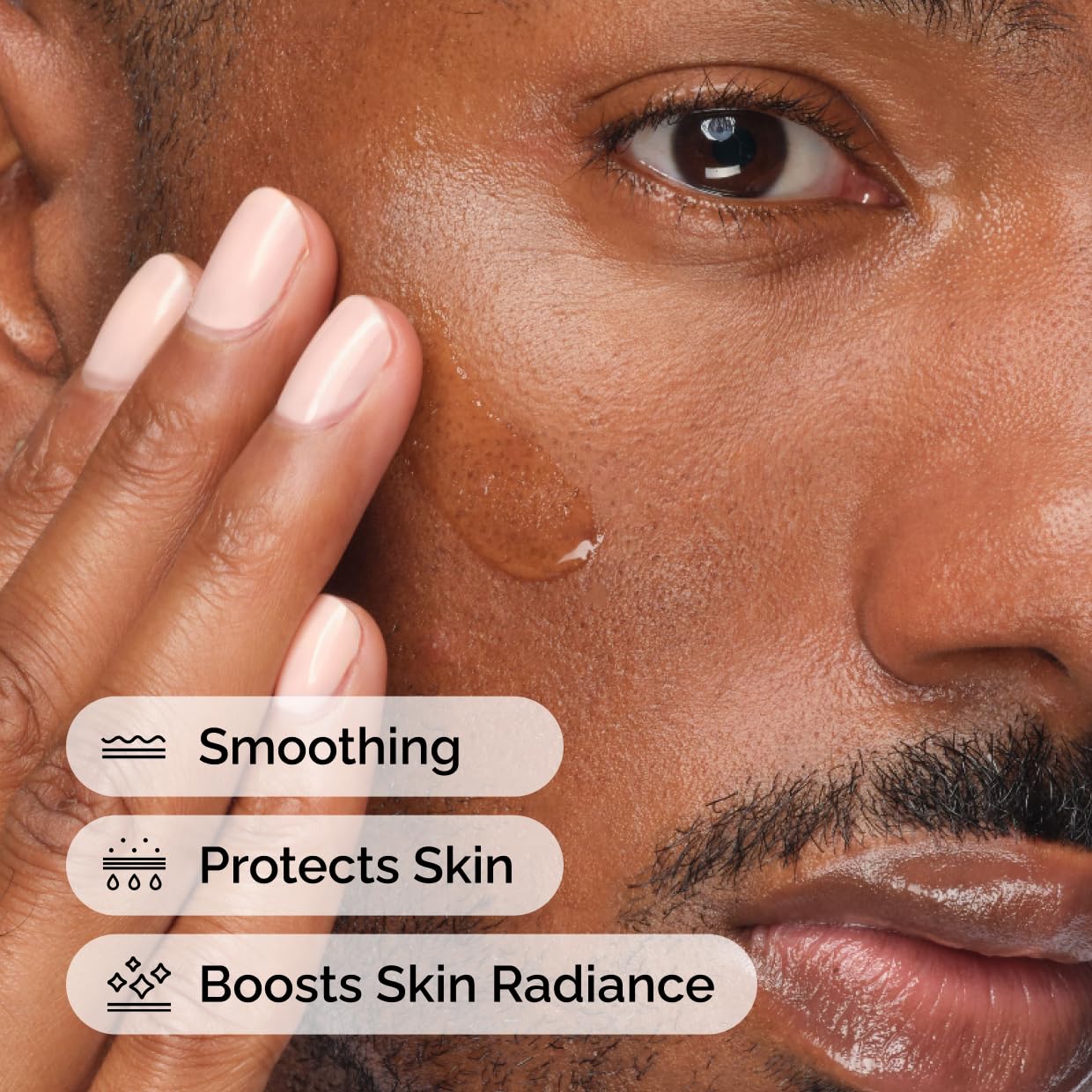 Close-up of a man's face with text indicating skin care benefits