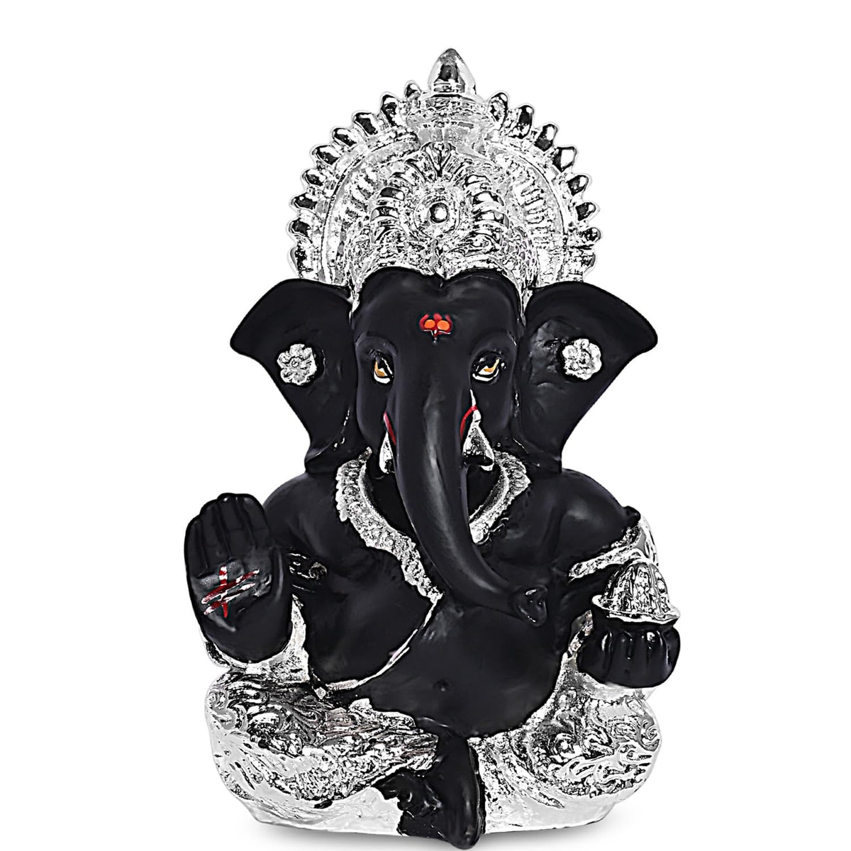 999 Silver Plated Resin Lord Ganesha Idol for Car Dashboard, Tabletop|Ganesh Statue for Good Luck and Success|Ganpati Murti for Home Decor Mandir, Office Desk Puja Gift Black (8.4x4.2cm)