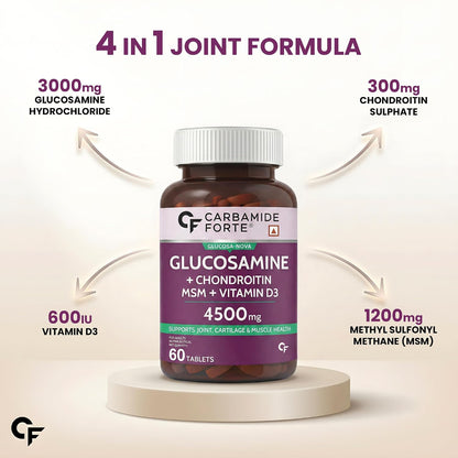 Carbamide Forte Glucosamine Tablets For Joint Support Supplement with Vitamin D3 & Glucosamine Chondroitin MSM | Joint Cartilage Support & Muscle Health | Joint Support Tablets - 60