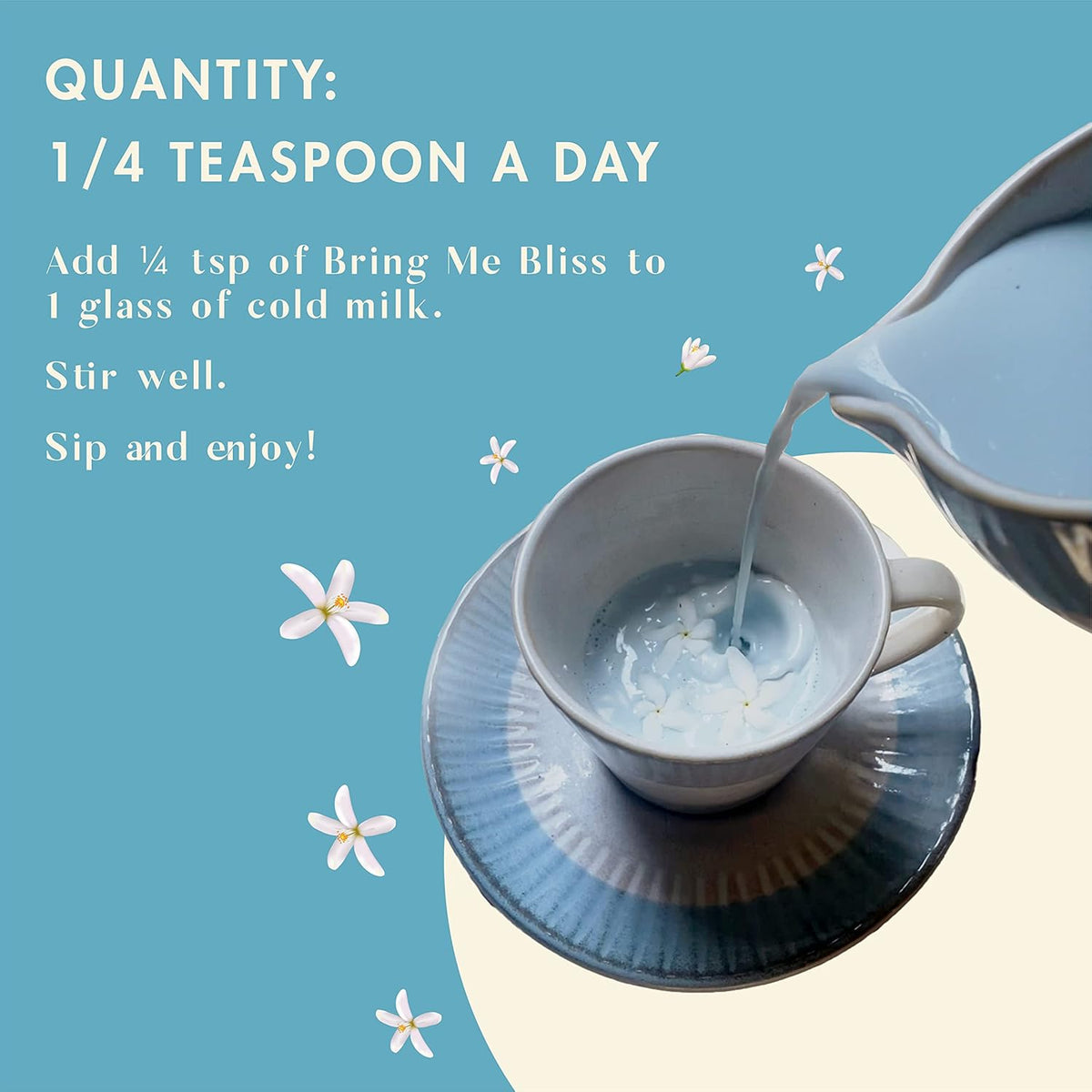 Tea being poured into a cup with text about quantity and usage on a blue background