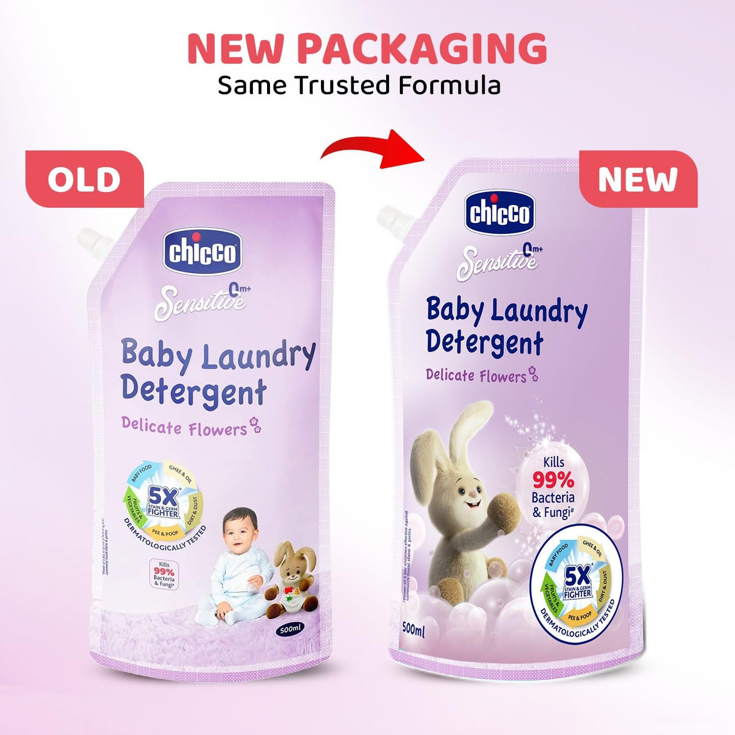 Chicco Baby Liquid Laundry Detergent, 5X Stain & Germ Fighter, Kills 99% of Germs, Dermatologically Tested, Effective & Gentle Cleaning, Delicate Flowers, Refill Pack (500 ML)