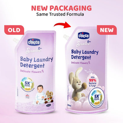 Chicco Baby Liquid Laundry Detergent, 5X Stain & Germ Fighter, Kills 99% of Germs, Dermatologically Tested, Effective & Gentle Cleaning, Delicate Flowers, Refill Pack (500 ML)
