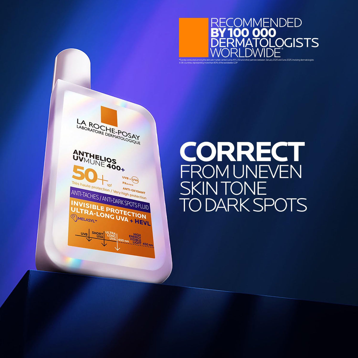 La Roche-Posay sunscreen bottle with promotional text on a blue background
