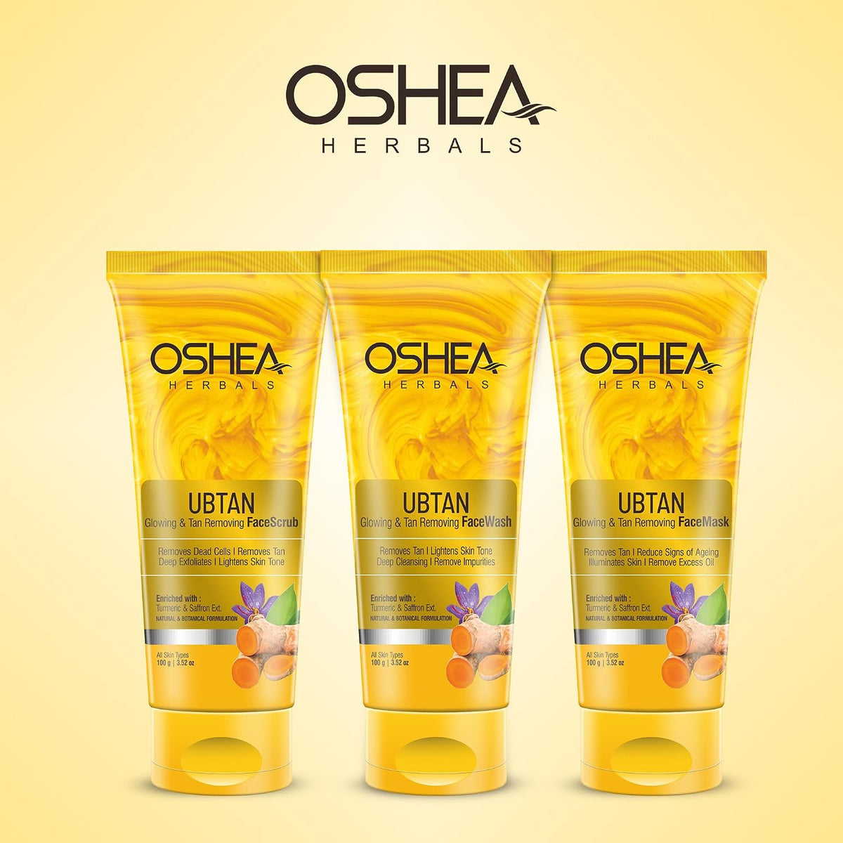 Oshea Herbals Ubtan Glowing & Tan Removing Face Scrub for All Skin Types | Lightens Skin Tone, Removes Dead Cells & Tan with Deep Exfoliate | Enriched with Turmeric & Saffron Extracts 100g
