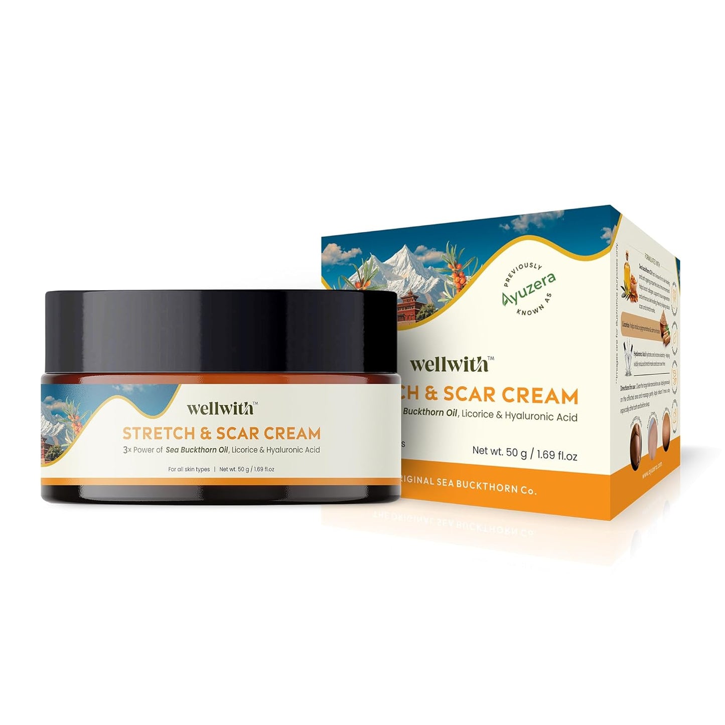 Wellwith Stretch & Scar Cream with Seabuckthorn Oil, Licorice & Hyaluronic Acid, 50g