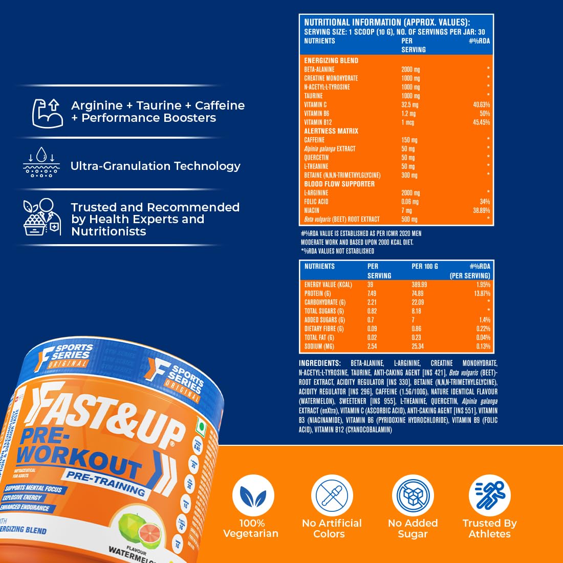Fast&Up Pre-Workout Supplement Powder (30 Servings, Watermelon Flavour) | Pre Workout Supplement For Men & Women with B-Alanine, Creatine, Taurine For Performance & Energy Boost, 300 gm