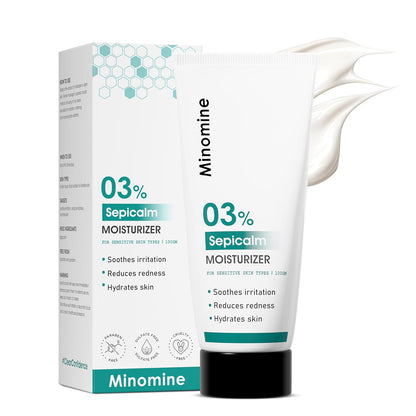 Minomine 03% Sepicalm Moisturizer with packaging on a white background