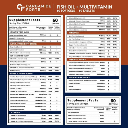 Carbamide Forte Multivitamin Tablet for Men with Probiotics & Salmon Omega 3 fish Oil Capsules | Salmon Fish Oil Omega 3 Capsule 1000mg and Multivitamin Tablets Combo | 60 Tablets + 60 Softgels