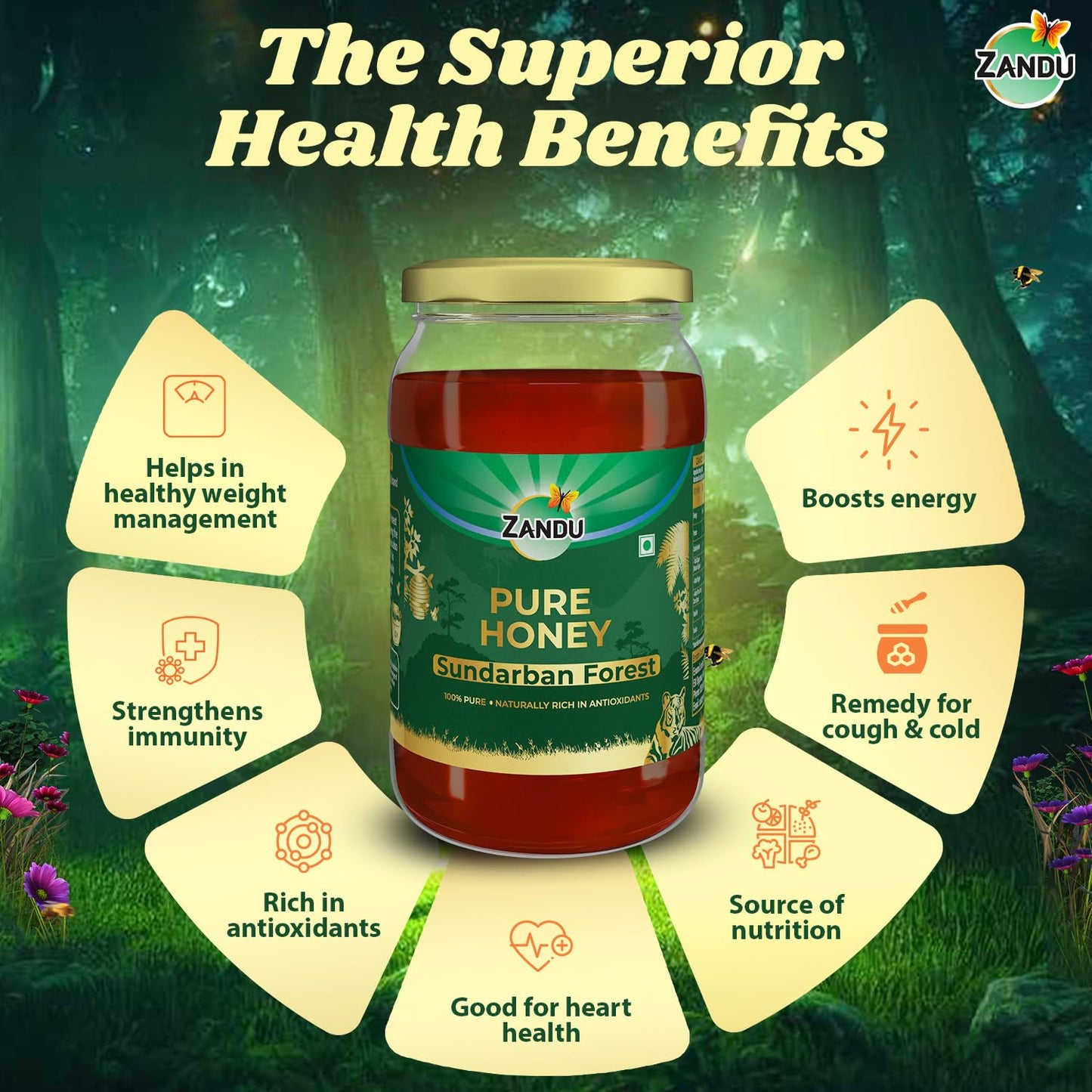 Zandu Sundarban Forest Honey I 100% Pure I Signature Taste & Fragrence Sourced From Dense Mangrove Forest I Rich in Pollent Count I Naturally Rich in Antioxidants, Glass Jar, 500g