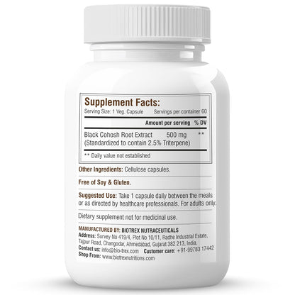 Biotrex Nutraceuticals Black Cohosh (10:1) 500mg | Supports Mood Balance & Hot Flashes | Overall Wellbeing & Bone Health | Non-GMO & Gluten Free | 60 Veg Capsule