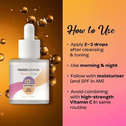 FACES CANADA Comfy Glow 10% Niacinamide Face Serum - 15ml | Controls Oil | Fades Spots & Marks | Minimizes Pores | Brightens Tone & Refines Skin Texture | Lightweight | Water Based Formula
