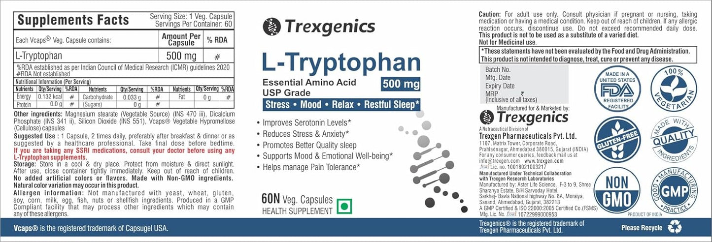 Trexgenics L-TRYPTOPHAN 500mg Essential amino acid, Stress, Mood, Relax, Restful Sleep Support (60 Vcaps) (1)