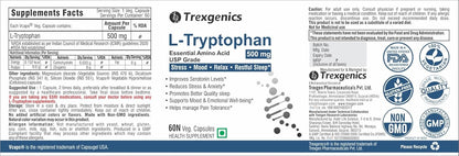 Trexgenics L-TRYPTOPHAN 500mg Essential amino acid, Stress, Mood, Relax, Restful Sleep Support (60 Vcaps) (1)