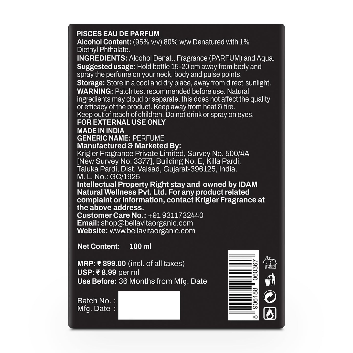 Back label of a Scorpio Eau de Parfum bottle with text and product details.