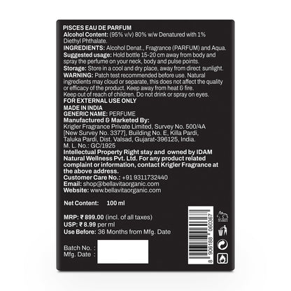 Back label of a Scorpio Eau de Parfum bottle with text and product details.