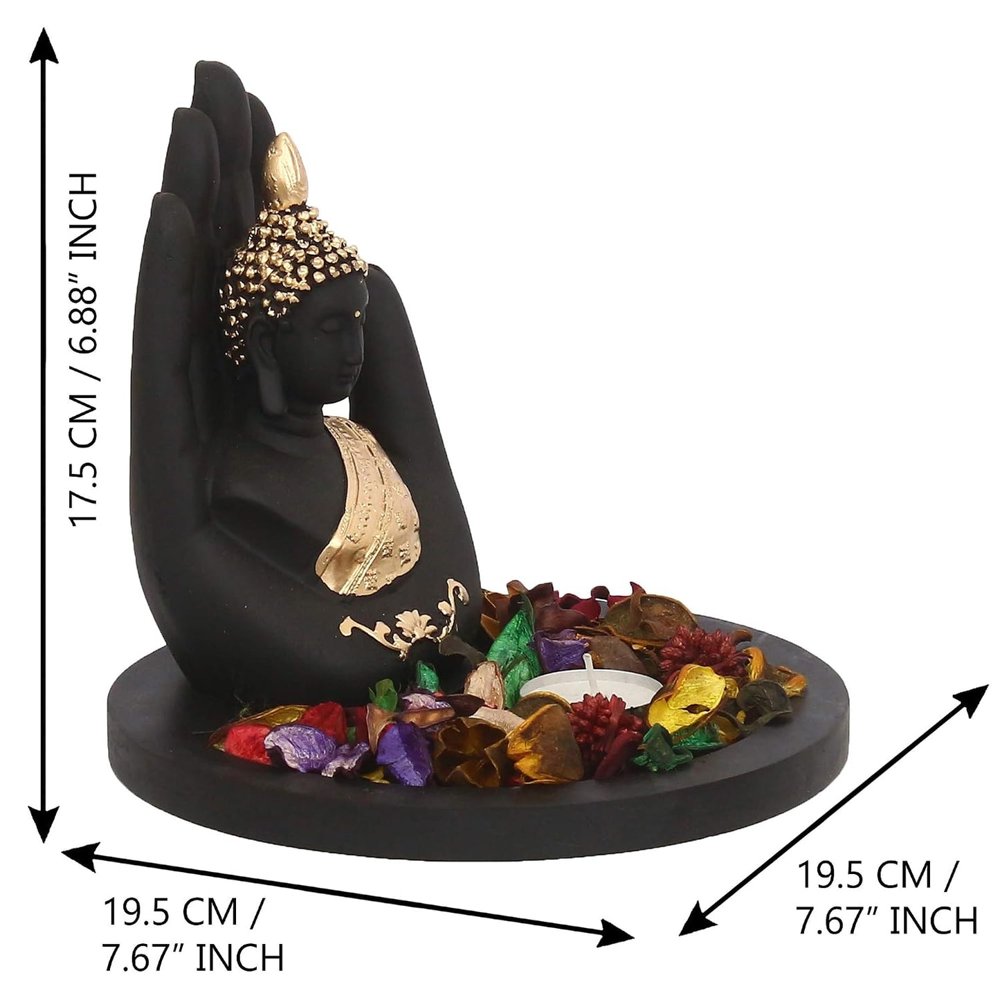 eCraftIndia Black Golden Resin Palm Buddha Statue Potpourri Tea Light Holder| Lord Buddha Statue for Living Room| Gautam Buddha Idol for Home Decor| Showpiece for Diwali Buddha Purnima Housewarming