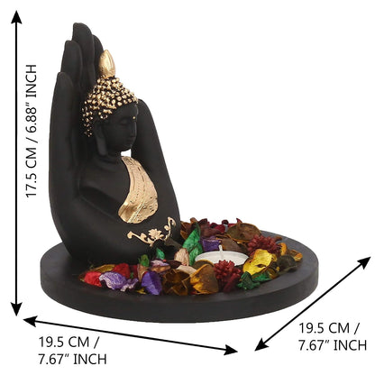 eCraftIndia Black Golden Resin Palm Buddha Statue Potpourri Tea Light Holder| Lord Buddha Statue for Living Room| Gautam Buddha Idol for Home Decor| Showpiece for Diwali Buddha Purnima Housewarming