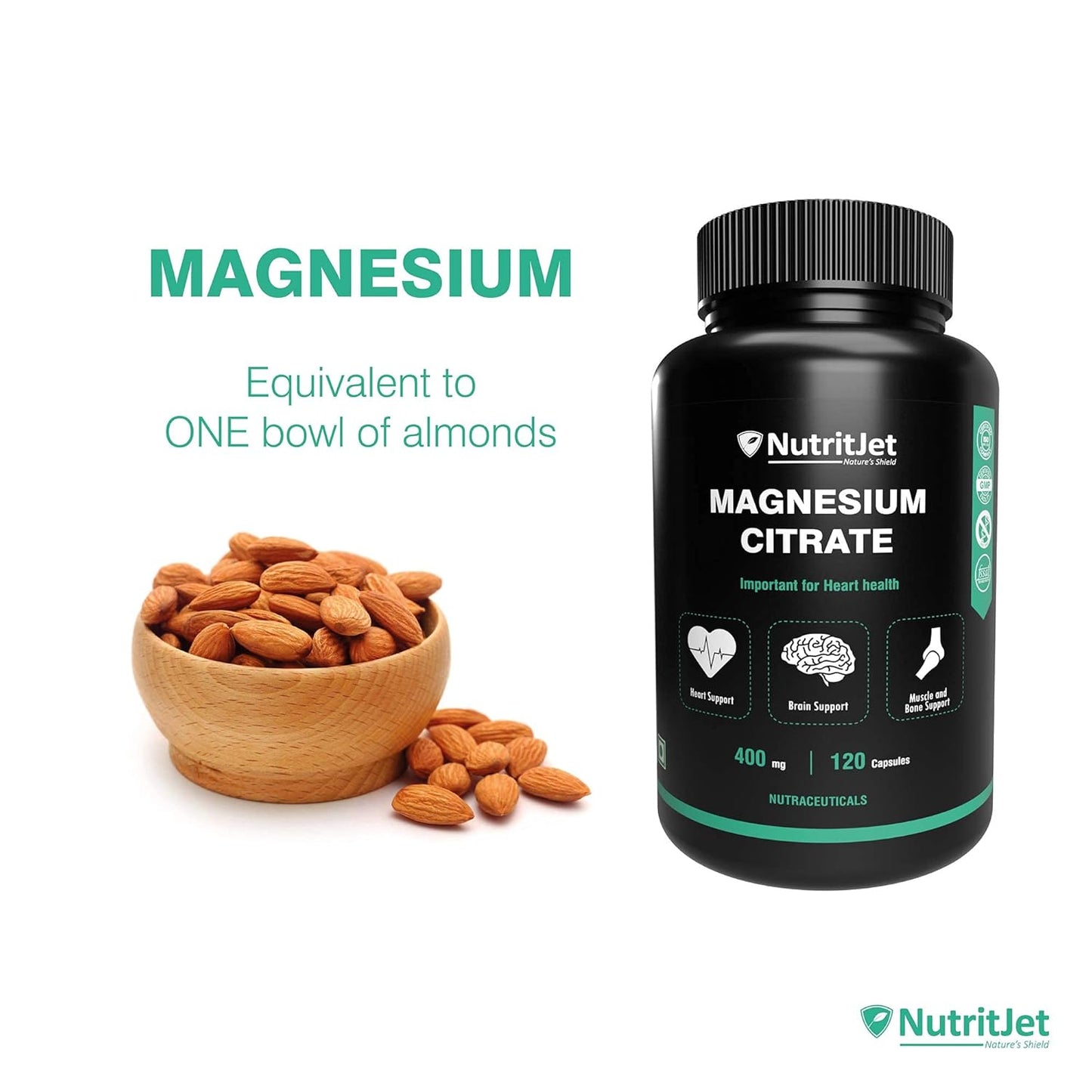 NutritJet Magnesium Citrate Powder Capsules 400mg [120 Caps] Pure Non-GMO Supplements, Natural Sleep Calm Relax
