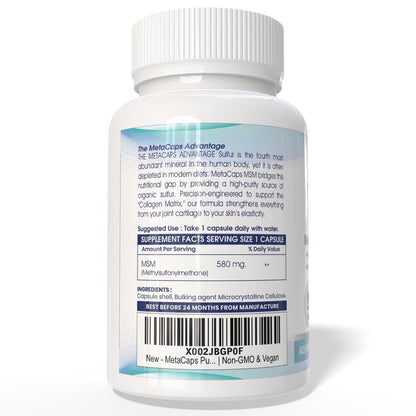MetaCaps Pure MSM (Methylsulfonylmethane) 580mg – 90 Veg Capsules | High-Purity Organic Sulfur | Advanced Joint Comfort, Skin Health & Collagen Support | Supports Detoxification & Muscle Recovery | Non-GMO & Vegan