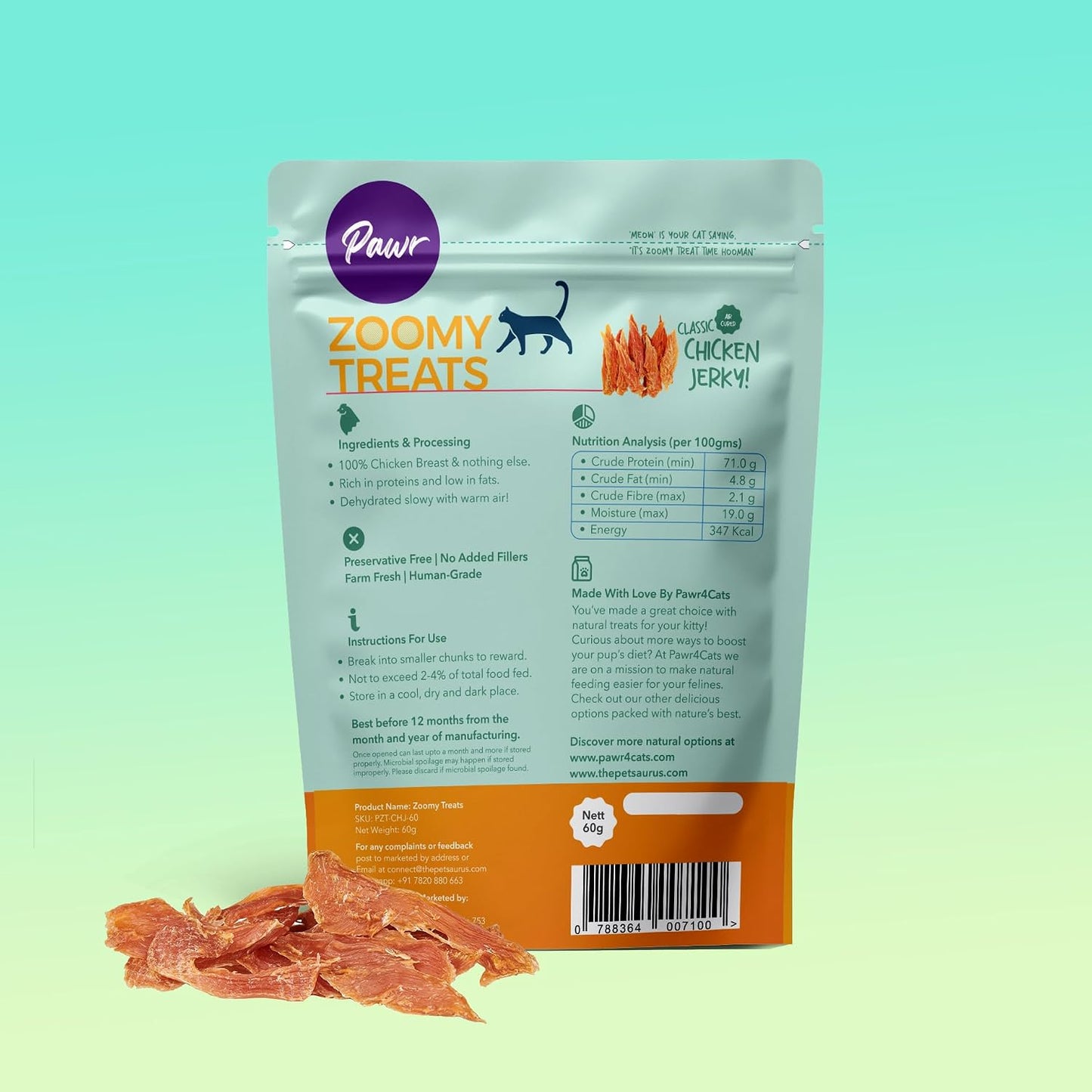 Pawr4Cats Zoomy Cat Treats | Classic Chicken Jerky | 50 GMS | Air Dried | No Preservatives,All Life Stages