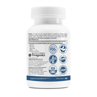 Supplement bottle with Trexigenics branding and certification logos on a white background