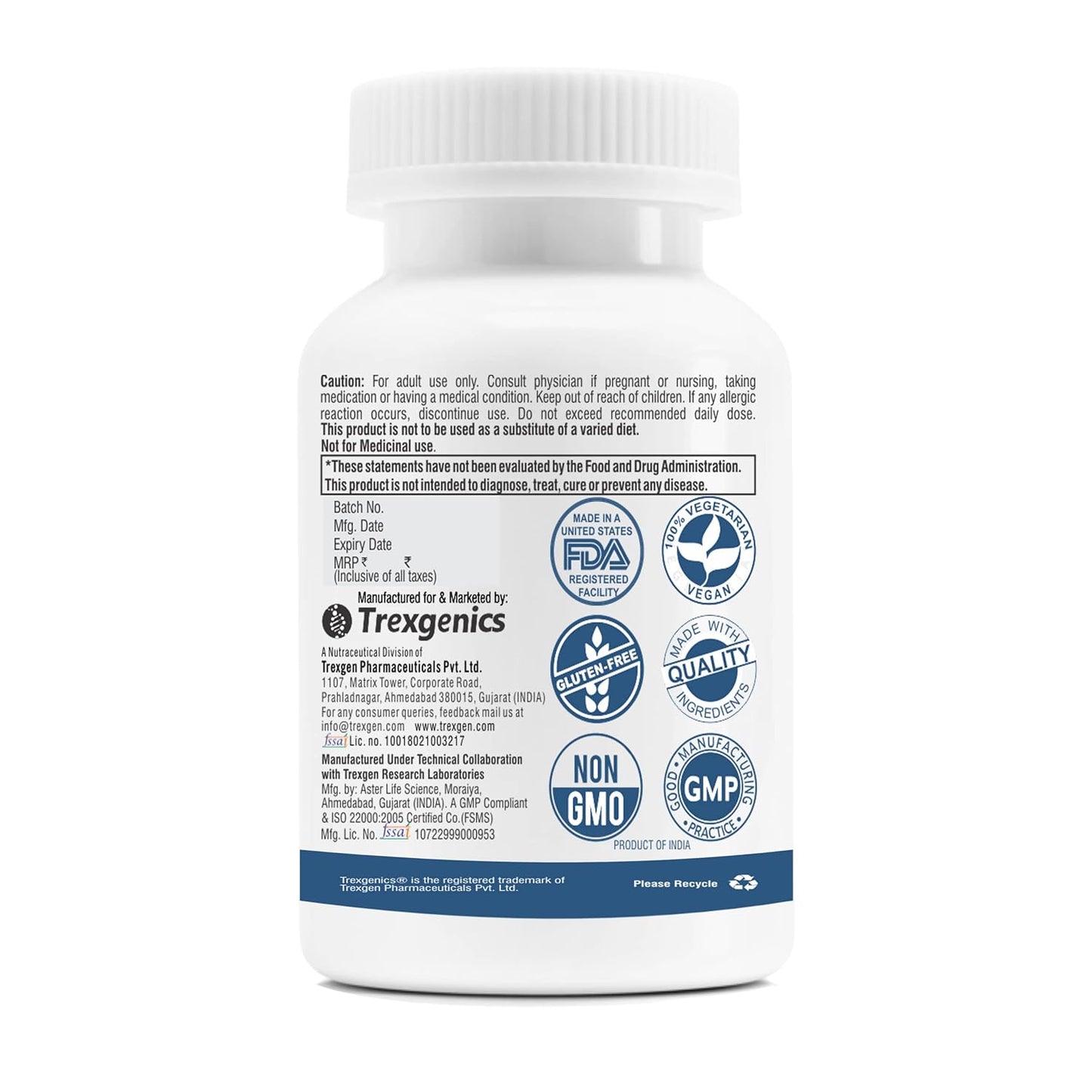 Supplement bottle with Trexigenics branding and certification logos on a white background