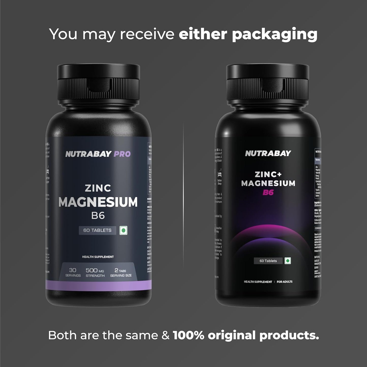 Two black supplement bottles labeled 'NUTRABAY Zinc Magnesium B6' on a gray background.