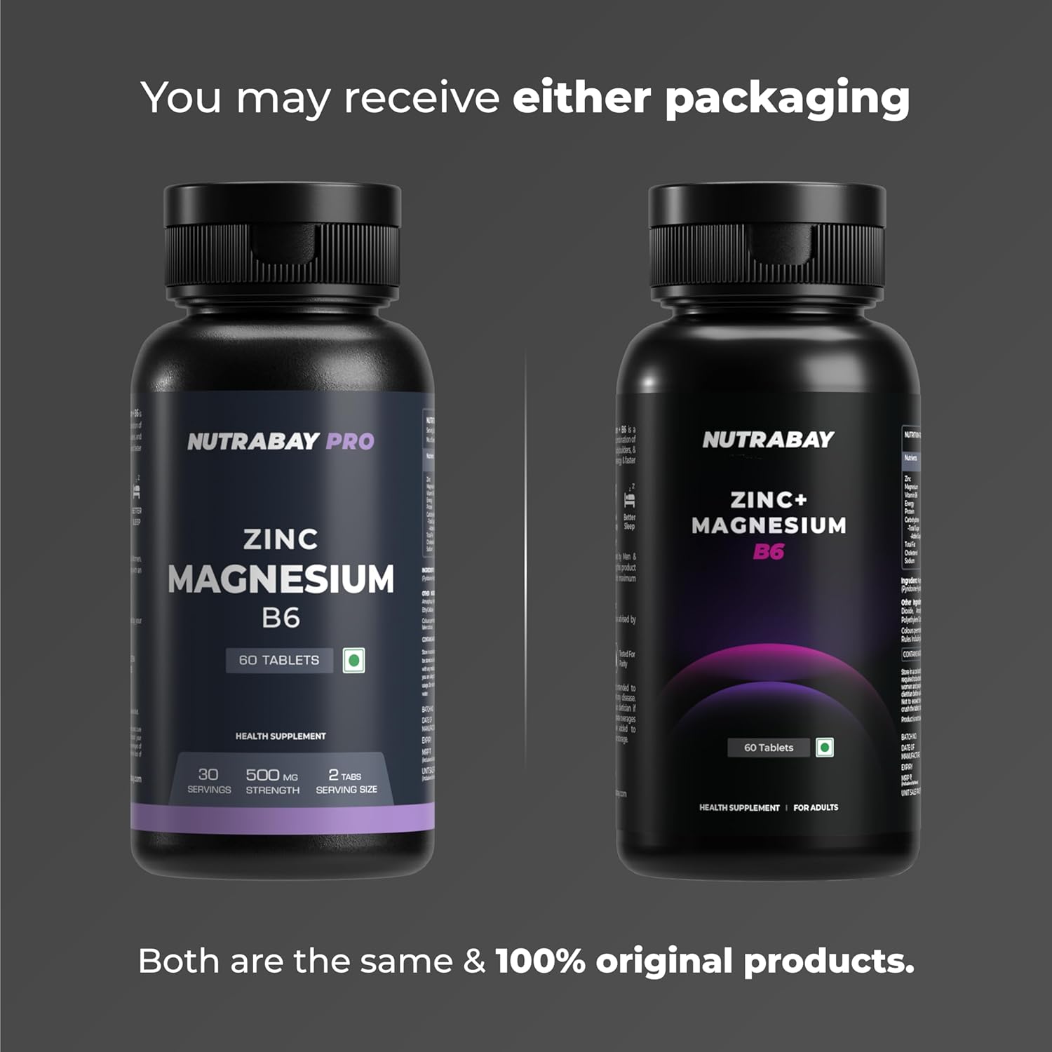 Two black supplement bottles labeled 'NUTRABAY Zinc Magnesium B6' on a gray background.