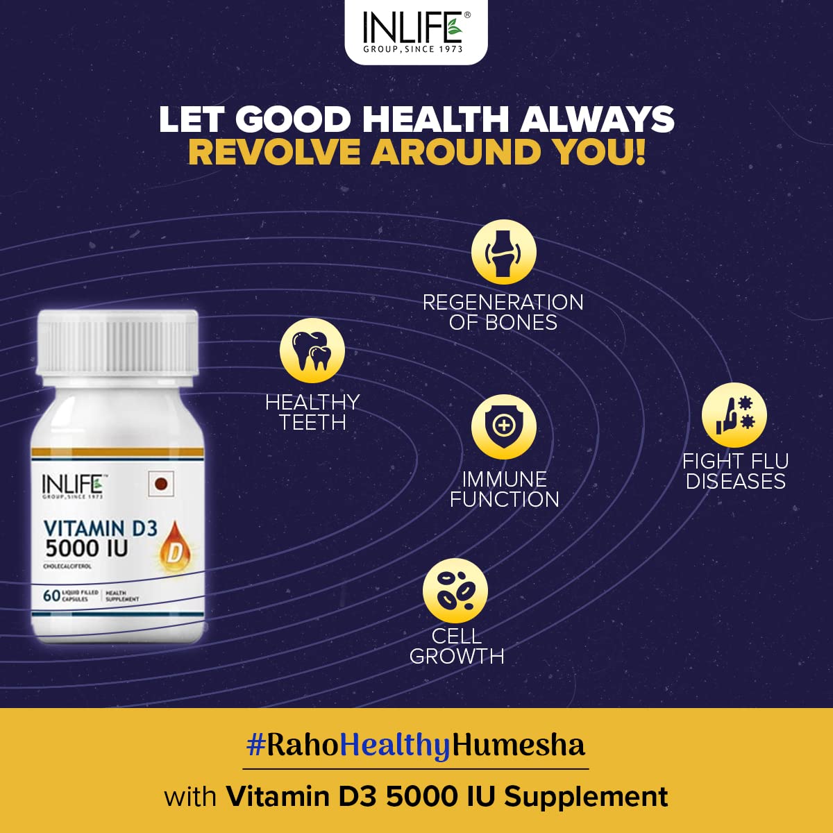 INLIFE Vitamin D3 5000 IU Cholecalciferol with Extra virgin Coconut Oil Supplement for Better Absorption| For both Men & Women| supports Immunity, Bones & Muscle health| Pack of 1-60 Soft gels.