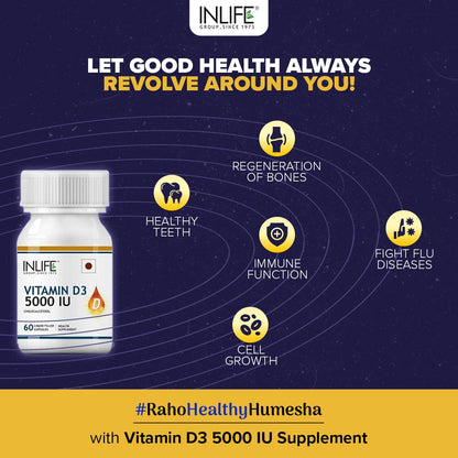 INLIFE Vitamin D3 5000 IU Cholecalciferol with Extra virgin Coconut Oil Supplement for Better Absorption| For both Men & Women| supports Immunity, Bones & Muscle health| Pack of 1-60 Soft gels.