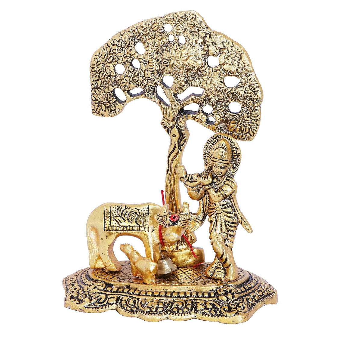 Premium Golden Finish Metal Krishna Playing Flute with Cow Sculpture, Decorative Hindu God Murti for Mandir, Office, Festive Gift and Home Decoration