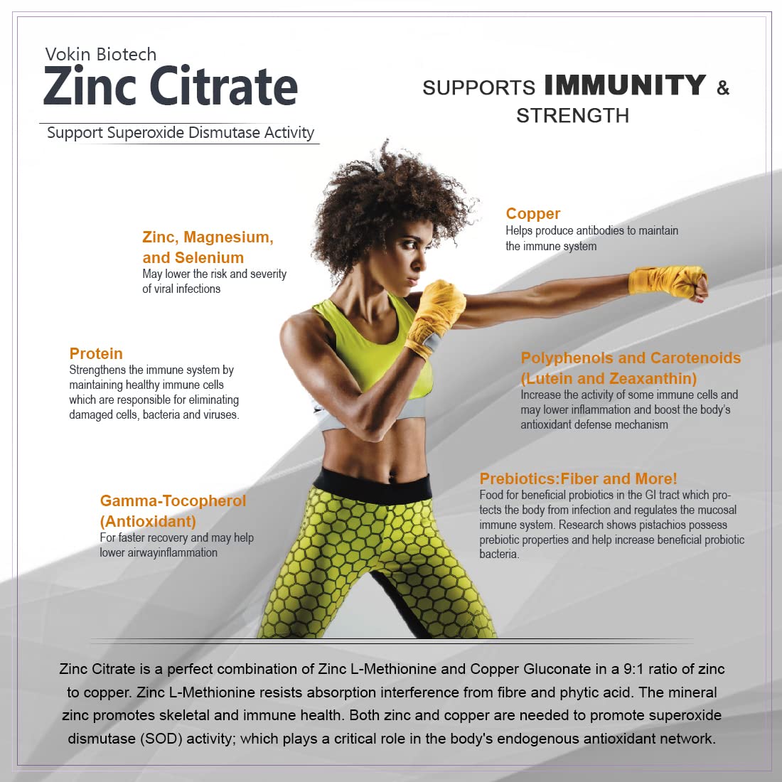 Advertisement for Vokin Biotech Zinc Citrate showing a woman in athletic wear with text about its benefits.