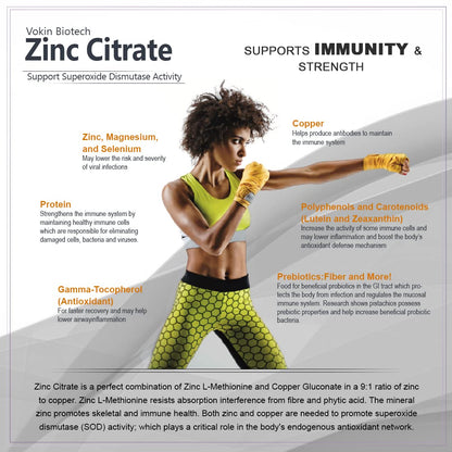 Advertisement for Vokin Biotech Zinc Citrate showing a woman in athletic wear with text about its benefits.