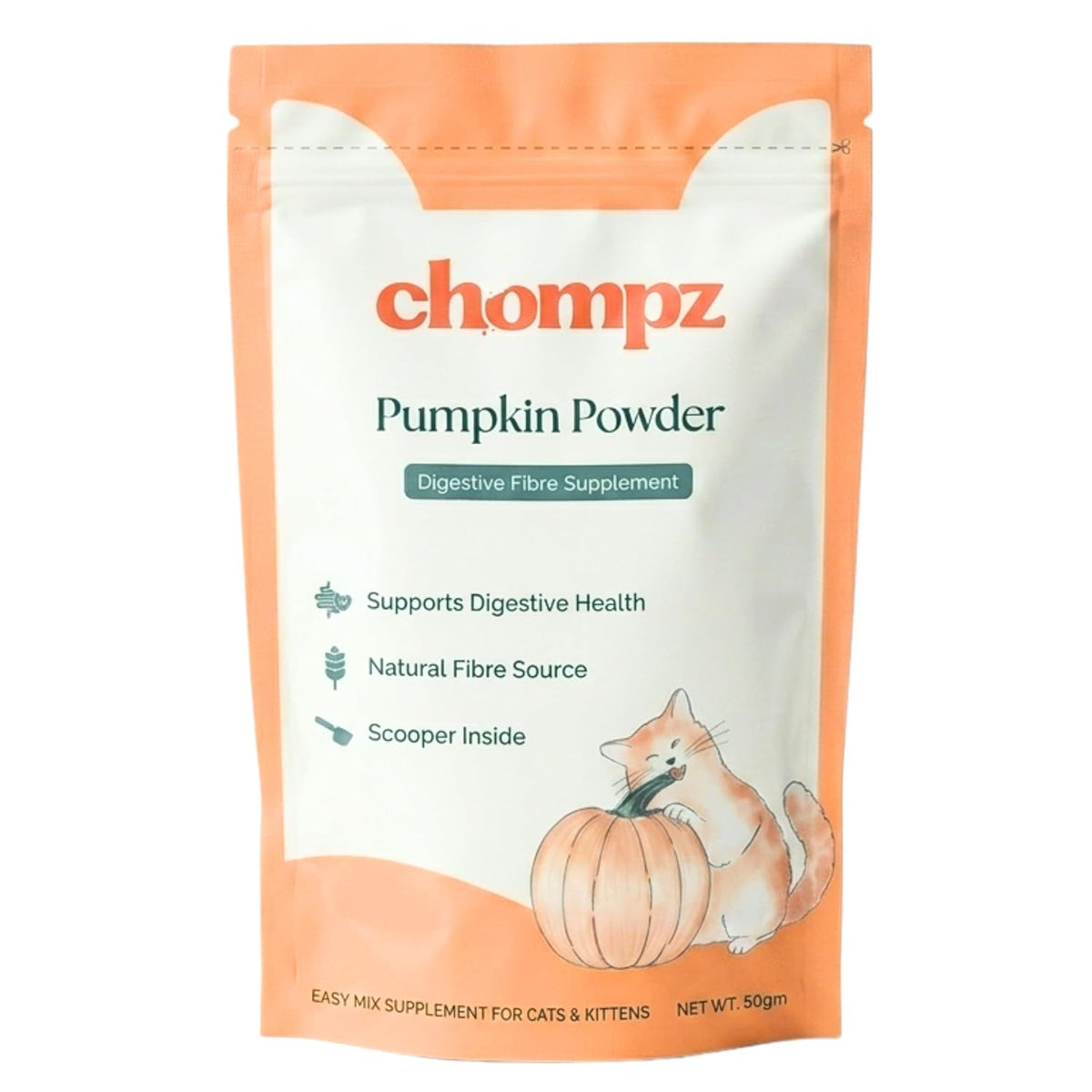 Chompz Pumpkin Powder for Cats | 50g Digestive Fibre Supplement | 100% Dehydrated Pumpkin | Supports Digestion & Stool Health | Food Topper | Scooper Included | 50+ Servings | For Kittens & Adult Cats