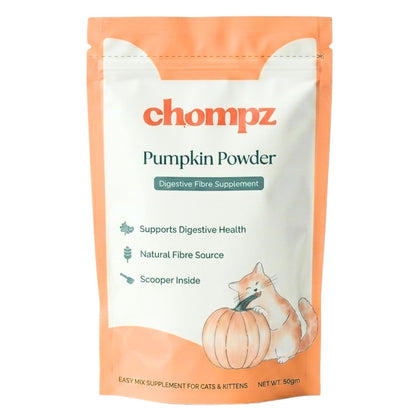 Chompz Pumpkin Powder for Cats | 50g Digestive Fibre Supplement | 100% Dehydrated Pumpkin | Supports Digestion & Stool Health | Food Topper | Scooper Included | 50+ Servings | For Kittens & Adult Cats