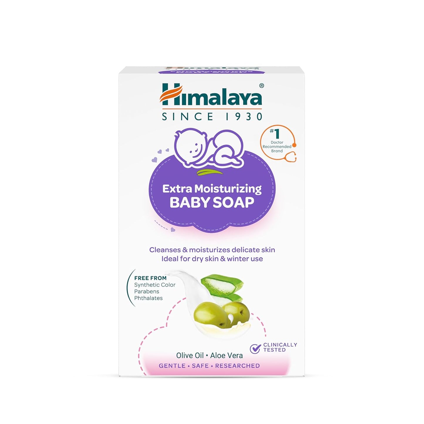 Himalaya Extra Moisturizing Baby Soap for Dry Skin - 75g | Helps Lock In Moisture With Aloe-Milk Moisture Complex of Almond & Olive Oil | Free From Harsh Chemicals | #1 Doctor Recommended Brand