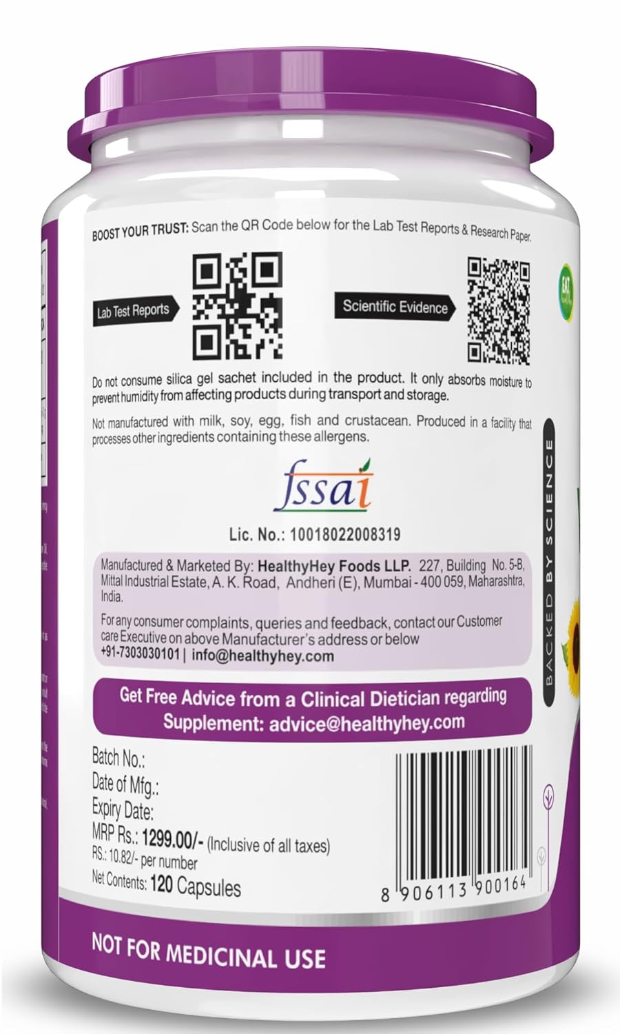 Supplement container with purple lid and label on a white background