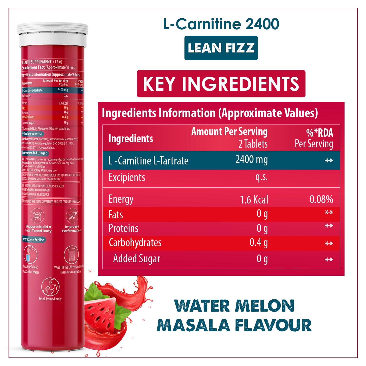 L-Carnitine supplement container with key ingredients and flavor information on a white background