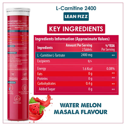 L-Carnitine supplement container with key ingredients and flavor information on a white background