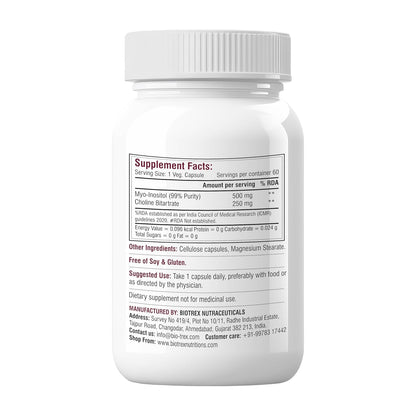 Biotrex Nutraceuticals Myo Inositol & Choline Bitartrate 750mg Complex, Healthy Brain & Nervous System, 99% High Purity Grade Inositol - 60 Vegetarian Capsules