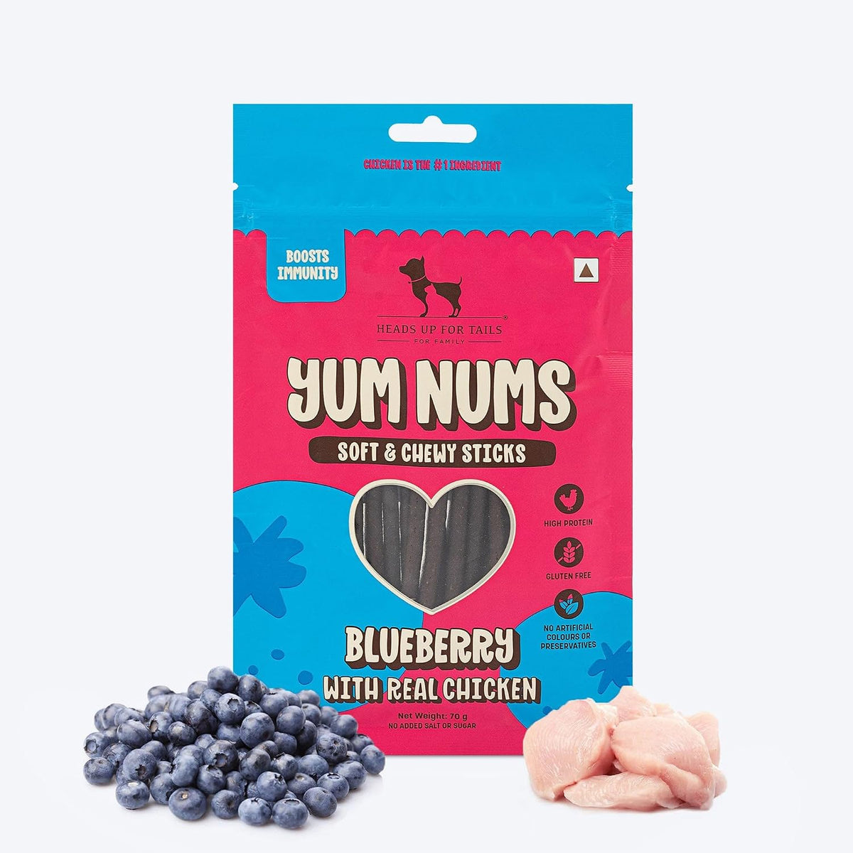 Yum Nums by HUFT Soft & Chewy Sticks - Blueberry & Chicken - 70gm | Dog Treats for Puppies & Adults | Training Treats | Healthy Dog Snacks | Puppy Treats for Small Dogs