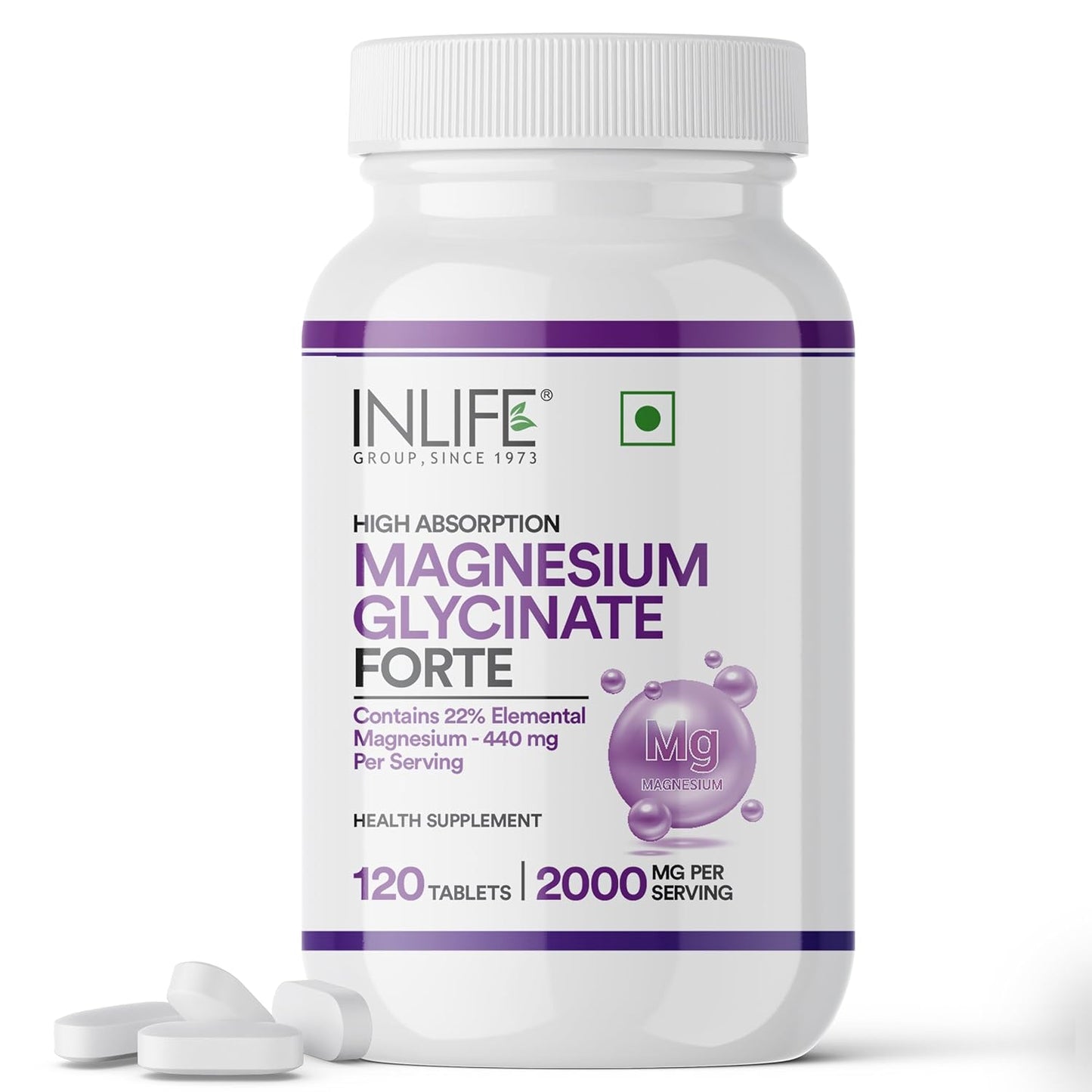 INLIFE Magnesium Glycinate 2000mg | High Absorption Formula | 22% Elemental Magnesium (440mg) | Supports Muscle, Nerve & Bone Health | For Both Men & Women| -120 Tablets (Pack of 1, 120)