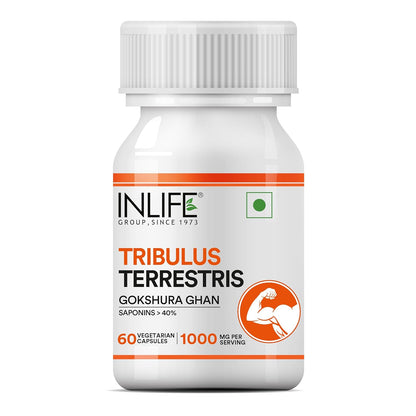 INLIFE Tribulus Terrestris For Men | Gokshura with Saponins >40%, 1000mg per serving - 60 Vegetarian Capsules (Pack of 1, 60)