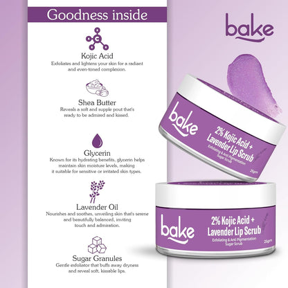 BAKE 2% Kojic Acid Lavender Lip Scrub for Dark, Pigmented Lips with Sugar Granules for Dry & Pink Lips, For Men & Women - 25g