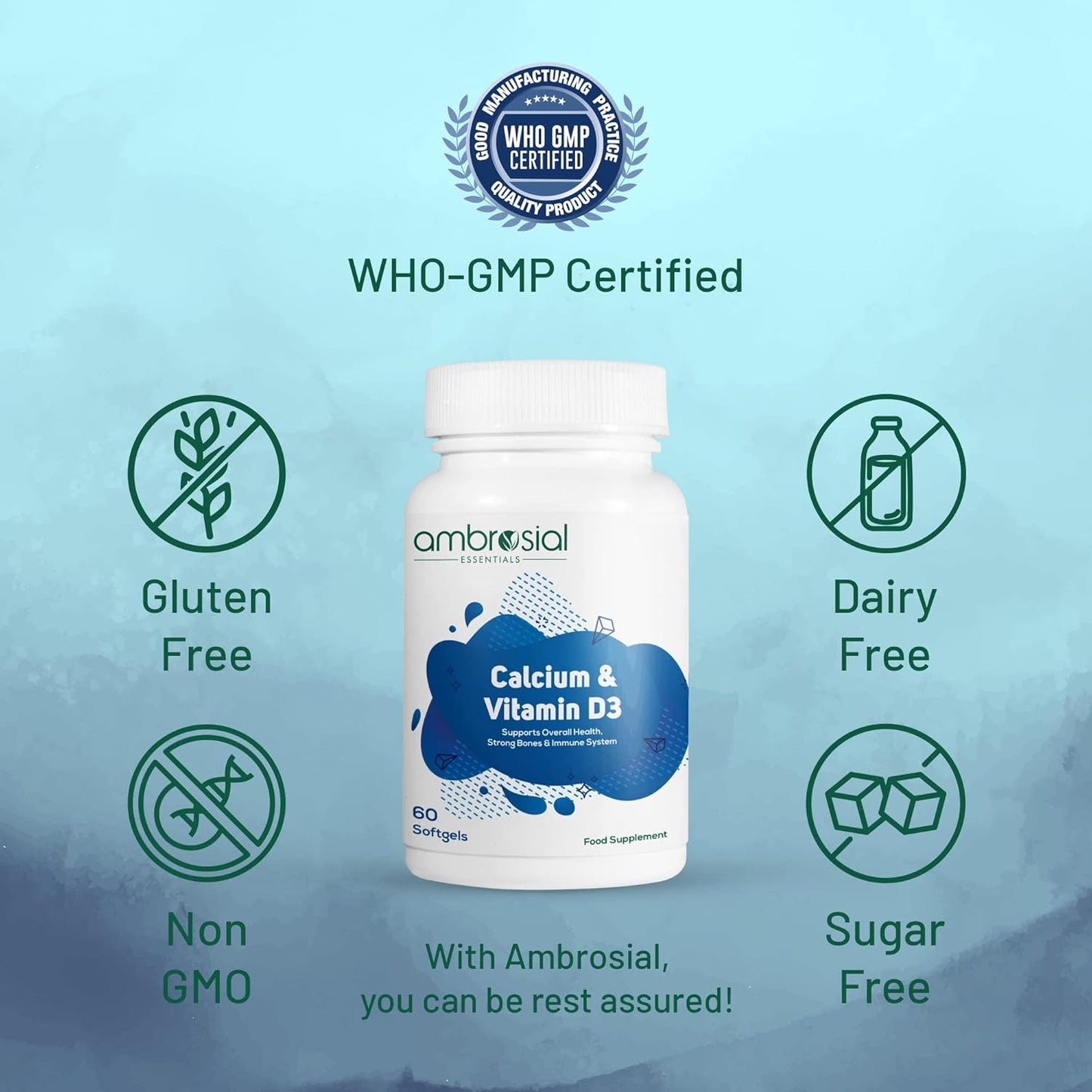 Supplement bottle with Ambrosial branding on a blue gradient background, featuring certification logos and product features.