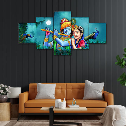 Radha Krishna 3D Scenery Wall Painting Set of 5 | Painting For Wall Decoration | Large Framed Wall Decor for Living Room, Office (75 x 43 cm) K8Md - Wood