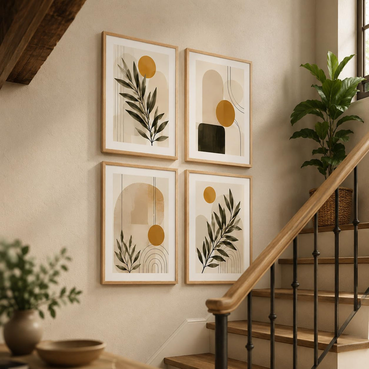 Set of 4 Minimalist Botanical Geometric Wall Paintings with Sparkle Laminate and Premium Wooden Synthetic Frame for Living Room Bedroom Office Decor (13.5 x 19.5 Inch)