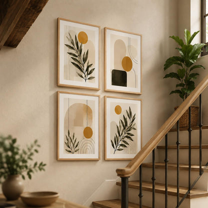 Set of 4 Minimalist Botanical Geometric Wall Paintings with Sparkle Laminate and Premium Wooden Synthetic Frame for Living Room Bedroom Office Decor (13.5 x 19.5 Inch)