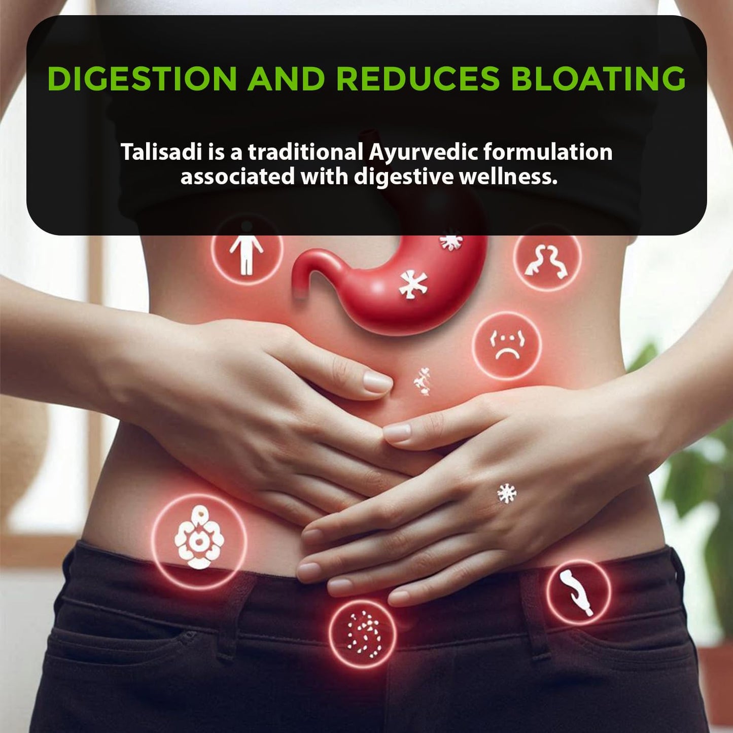 Person holding their stomach with digestive system graphics and text about Talisadi for digestion and bloating relief.