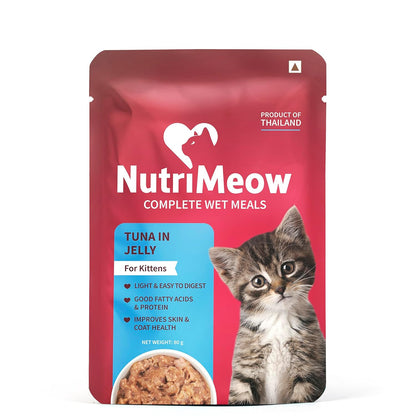 NutriMeow Tuna in Jelly Kitten Wet Food - 80gm | High Protein, Nutritious & Tasty Cat Pouch | Complete Balanced Food | Supports Growth & Development for All Kitten Breeds